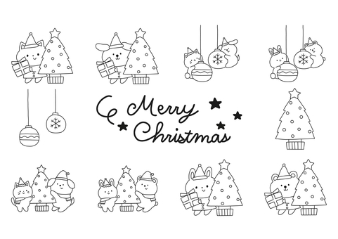 クリスマスセット クリスマス,ツリー,オーナメント,猫,犬,うさぎ,くま,動物,サンタ,帽子のイラスト素材