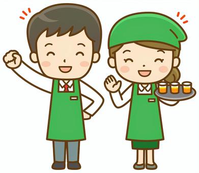 エプロン姿の男女の店員(全身図) スーパー,スーパーマーケット,店員,店長,従業員,スタッフ,男性,女性,エプロン,三角巾のイラスト素材