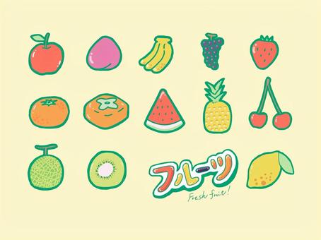 13種類のフルーツたちたち フルーツ,りんご,もも,バナナ,ぶどう,いちご,みかん,かき,スイカ,パイナップルのイラスト素材