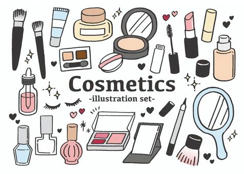コスメのイラストセット コスメ,化粧品,ファンデーション,パフ,クリーム,ハンドクリーム,カラーパレット,マニキュア,ネイル,美容のイラスト素材