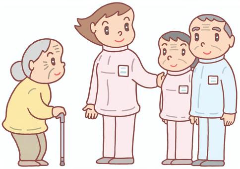 介護現場のシニア活用 シニア活用,人材確保,シルバー人材,介護職,介護現場,高齢者,介護,社会問題,お婆さん,お爺さんのイラスト素材