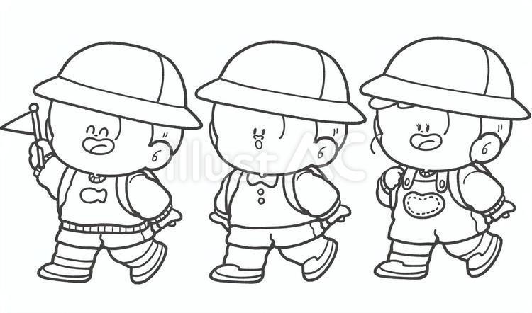 遠足の子どもたちの白黒手描きイラスト2 遠足,白黒,モノクロのイラスト素材
