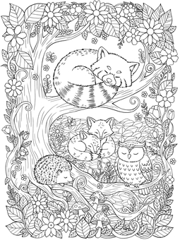 動物たちのお昼寝 落ち葉,アライグマ,キツネ,ハリネズミ,フクロウ,森,お昼寝,塗り絵,線画,大人向けのイラスト素材