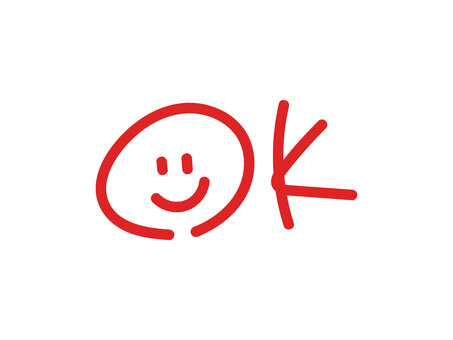 手描きの顔つきOK文字【赤】 赤,ok,オッケー,顔,笑顔,文字,ベクター,手描き,シンプル,かわいいのイラスト素材