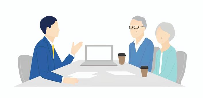 窓口でお客様の接客をするビジネスパーソン 説明,相談,提案,商談,接客,打ち合わせ,窓口,カウンター,案内,営業のイラスト素材