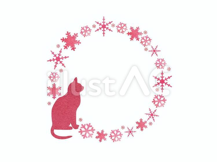 猫と雪の結晶　フレーム　赤 冬,雪の結晶,猫のイラスト素材