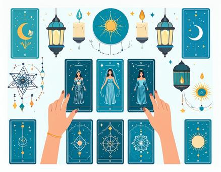 タロットカード占いのイラスト タロット,占い,タロットカード,手,占い師,スピリチュアル,占星術,神秘,予知,運勢のイラスト素材