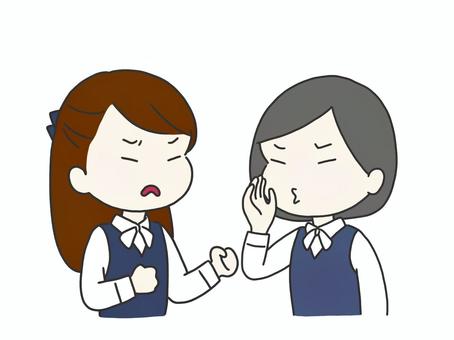 不愉快そうに話をしている２人 不愉快,イライラ,文句,陰口,２人,会社,会社員,制服,愚痴,腹が立つのイラスト素材