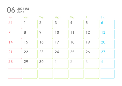 2026年6月カレンダー 日曜始まり カレンダー,2026年,2026年カレンダー,6月,夏,初夏,梅雨,おしゃれ,かわいい,2026年6月カレンダーのイラスト素材