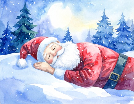 眠るサンタクロースの水彩イラスト
