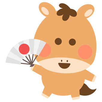 扇子を持ったうまくん（日の丸の扇子） 扇子,日の丸,日本,和,午,馬,年賀状,正月,2026年のイラスト素材
