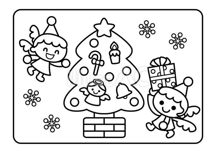 ぬりえ　クリスマス　天使とツリー ぬりえ,クリスマス,天使のイラスト素材