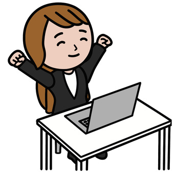 伸びをする人 パソコン,休憩,終業,ガッツポーツ,喜び,楽しみ,リラックス,終了,女性,スーツのイラスト素材
