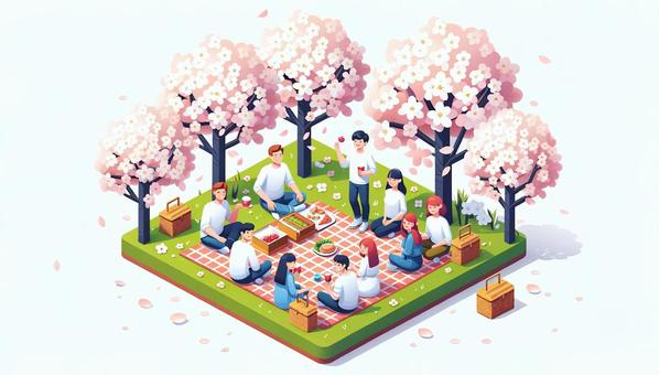 Friends having lunch with bento while viewing cherry blossoms, , JPG