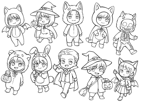 仮装している人たち 仮装している人たち ぬり絵,手書き,線画,白黒,塗り絵,ぬりえ,人物,男の子,女の子,男女のイラスト素材