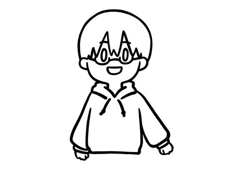 パーカーでメガネの明るい男の子　線画 パーカー,男子,男性,メンズ,メガネ,明るい,陽気,笑顔,笑う,カジュアルのイラスト素材