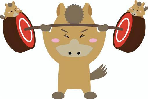 ミニ馬をのせたバーベルを持ち上げる馬 馬,重量挙げ,バーベル,動物,キャラクター,子供,かわいい,力強い,成功,面白いのイラスト素材
