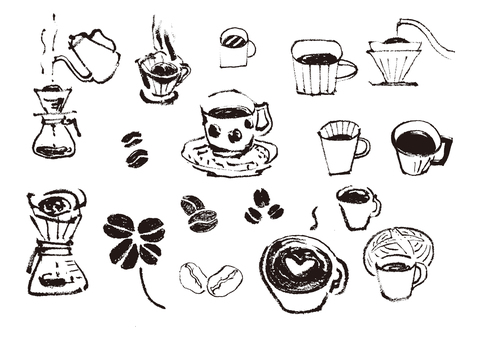 コーヒー墨絵 コーヒー,珈琲,カフェ,墨絵,豆,coffee,カップ,ドリップ式,ポット,湯気のイラスト素材