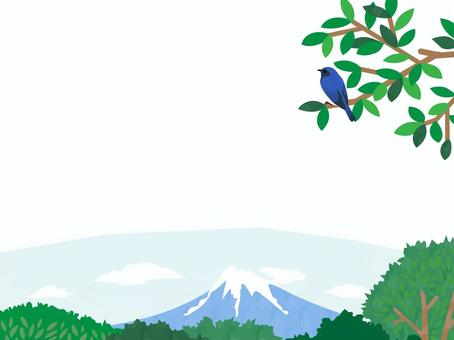 雄大な山とオオルリのいる風景フレーム 夏,初夏,山,風景,景色,緑,木,木々,自然,森林のイラスト素材