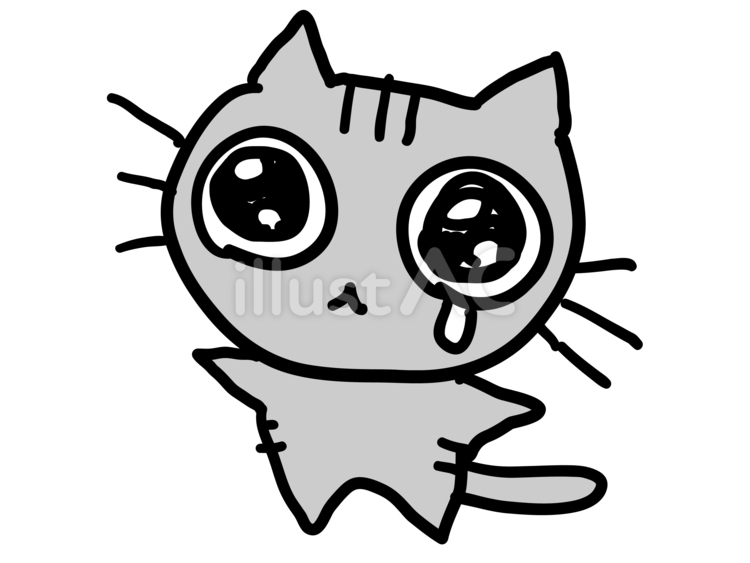 涙ぐむ猫のイラスト(モノクロ) 猫,ねこ,ネコのイラスト素材