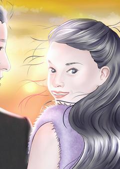 女性 女性,人物,振り返る,風,夕焼けのイラスト素材