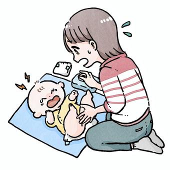 おむつ替えで泣く赤ちゃんと慌てるママ おむつ替えで泣く赤ちゃんと慌てるママ 赤ちゃん,育児,おむつ替え,ママ,子育て,お母さん,泣く,保育,子ども,慌てるのイラスト素材