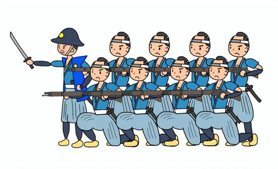 一斉射撃をする旧幕府軍 藩士,武士,侍,旧幕府軍,徳川幕府,江戸幕府,奥羽越列藩同盟,会津藩,庄内藩,明治維新のイラスト素材