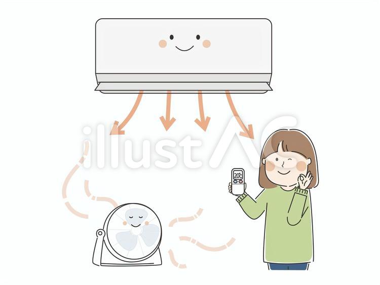 サーキュレーターを使用して節電する女性 節電,エコ,エアコンのイラスト素材