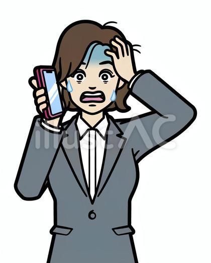 電話でパニックになる黒いスーツの女性