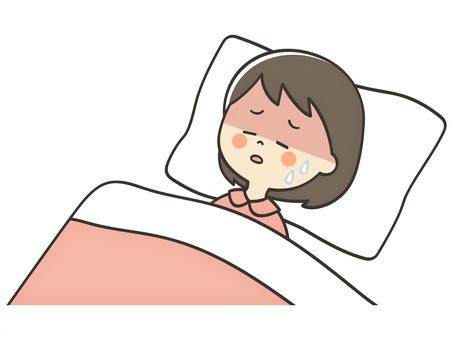 熱が出て休む女の子 熱,発熱,風邪,病気,寝込む,寝苦しい,うなされる,苦しい,しんどい,熱中症のイラスト素材