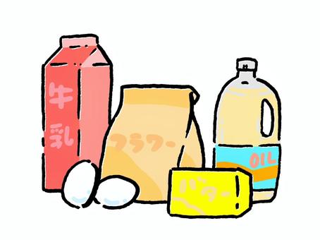 牛乳・粉・油・玉子・バター 牛乳,粉,小麦粉,油,オイル,バター,玉子,食材,原材料,食品のイラスト素材