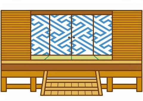 お白州-4c お白州-4c お白州,奉行所,江戸,時代劇,ふすま,畳,雨戸,階段,縁側,かわいいのイラスト素材