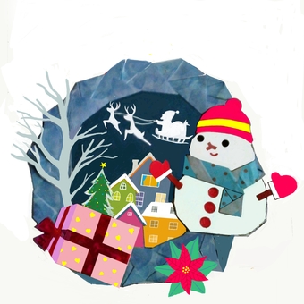 クリスマスのリース クリスマス,雪だるま,家並みのイラスト素材