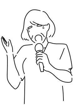 マイクを持って歌うおばあさん　線画 マイク,カラオケ,おばあさん,リハビリ,高齢者,女性,歌,線画のイラスト素材