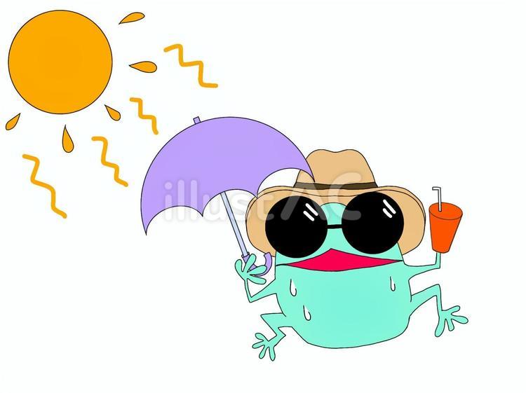 熱中症予防をするカエル 日傘,サングラス,水分補給のイラスト素材