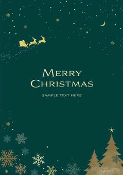 クリスマスの夜_縦_ゴールド＆グリーン クリスマス,フレーム,枠,サンタクロース,そり,モミの木,寒い,シンプル,かわいい,きれいのイラスト素材