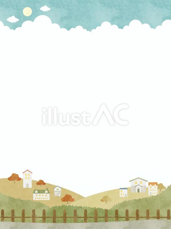 水彩風秋の街並みのフレーム2縦 秋,紅葉,街並みのイラスト素材