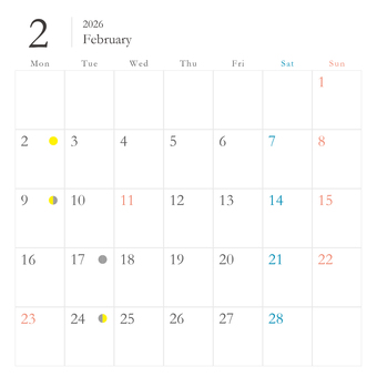 2026年2月　カレンダー　月齢 カレンダー,正方形,2026年,2月,冬,月齢,満月,上弦,下弦,新月のイラスト素材