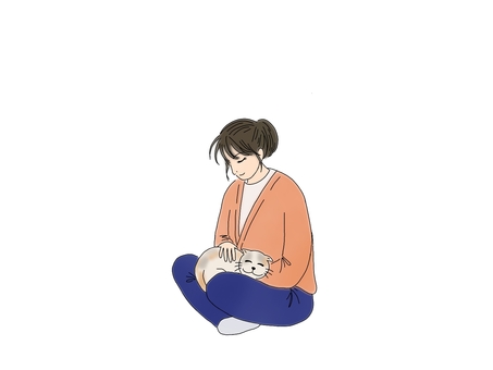 女性と猫 女性,猫,撫でる,ペット,手描きのイラスト素材