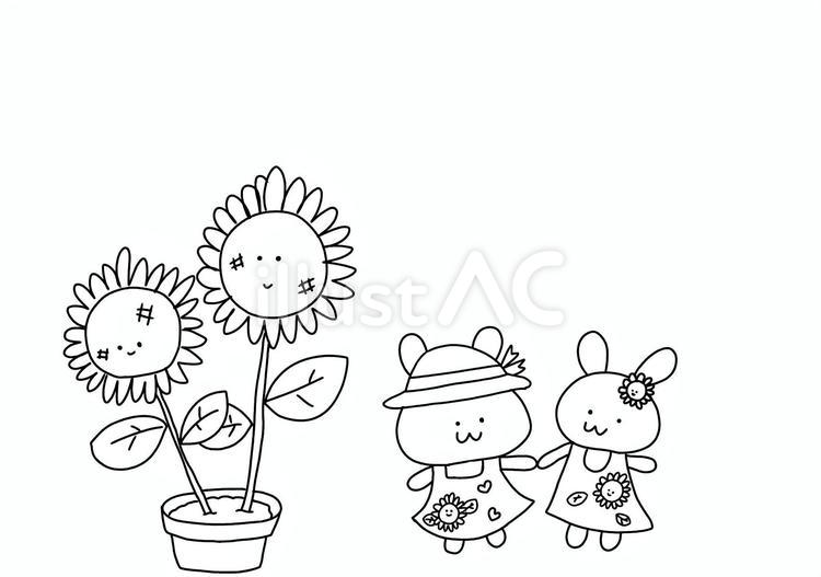 ひまわり姉妹（白黒） ひまわり,ぬりえ,白黒のイラスト素材