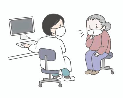 咳をするおばあさんの患者と医師の診察 患者,診察室,体調不良,病気,シニア,高齢者,女性,医師,診察,病院のイラスト素材