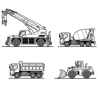 工事車両2_モノクロ モノクロ,ラフター,クレーン,ホイールローダー,ミキサー,コンクリート,車,ダンプ,トラック,作業車のイラスト素材
