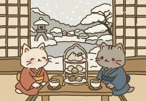 雪景色を見ながら和室アフヌン アフタヌーンティー,カフェ,ティータイム,和風,和室,茶室,日本庭園,日本,伝統,歴史のイラスト素材
