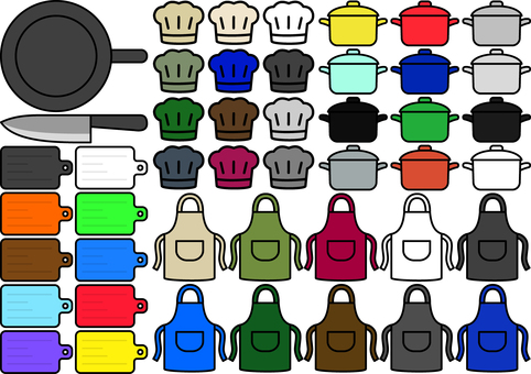 厨房のイラストです。 厨房,イラスト,まな板シート,フライパン,包丁,コック帽,鍋,エプロン,料理人,調理のイラスト素材