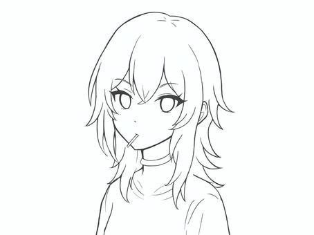 ウルフカットの女の子(線画) キャラクター,女の子,可愛い,人物,少女,女性,アイコン,フリーアイコン,美人,イラストのイラスト素材