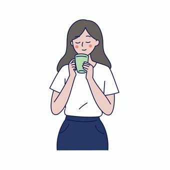 コーヒーを味わうカジュアルな女性 女性,コーヒー,飲む,マグカップ,若者,カジュアル,リラックス,笑顔,シンプル,イラストのイラスト素材