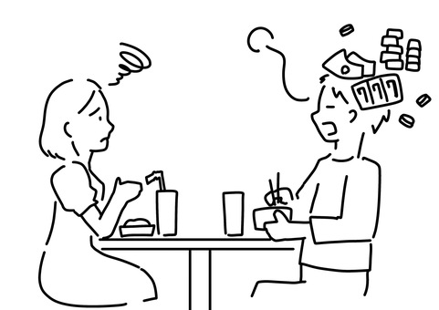 食事中もギャンブル頭な男性　線画 ギャンブル,中毒,男性,依存症,線画のイラスト素材