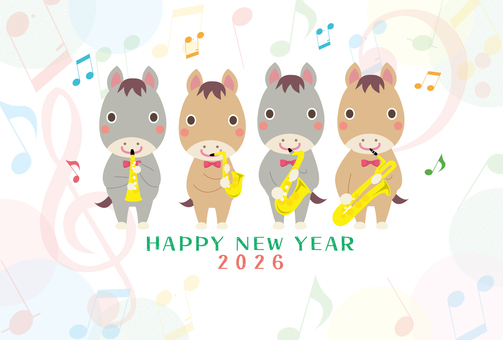 2026午年賀状119馬のサックス四重奏 午,2026,サックス,音楽,午年,馬,2026年,年賀状,アルトサックス,テナーサックスのイラスト素材