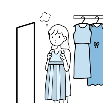 シンプル服選び女（青） シンプル,服選び,服,ワンピース,女,女性,悩む,モヤモヤ,迷うのイラスト素材