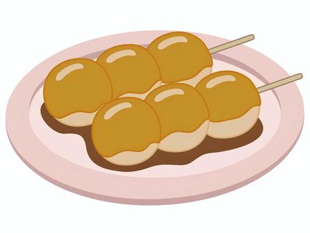 ピンクの皿に載ったみたらし団子　白背景 みたらし団子,みたらし,串団子,団子,餅,串刺し,和菓子,白背景,タレ,もちもちのイラスト素材